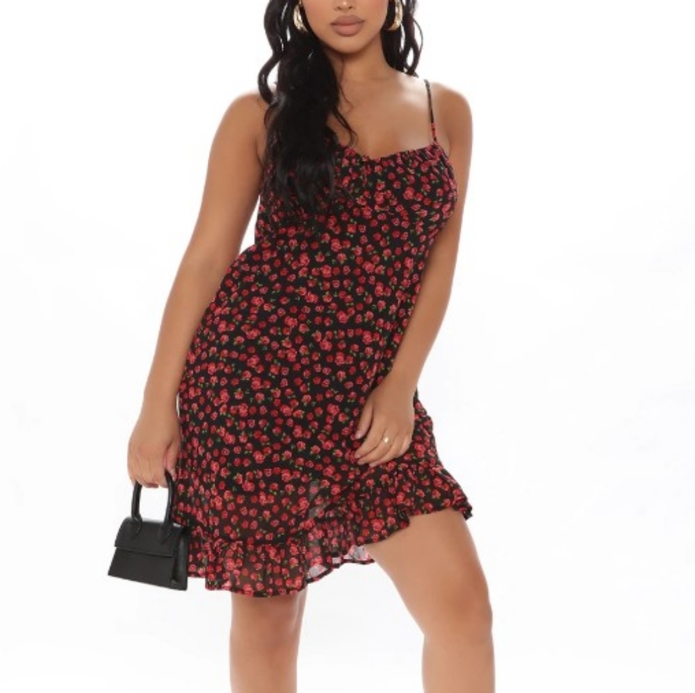 Black mini dress with red floral print